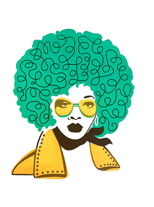 16 x 20 1970s Funky Chick Limited Edition Silk Screen Print. Blue hair aviator glasses. scarf.